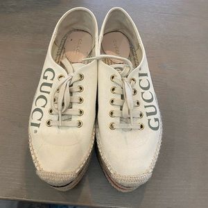 GUCCI Canvas Logo Platform Lace-Up Espadrilles 38